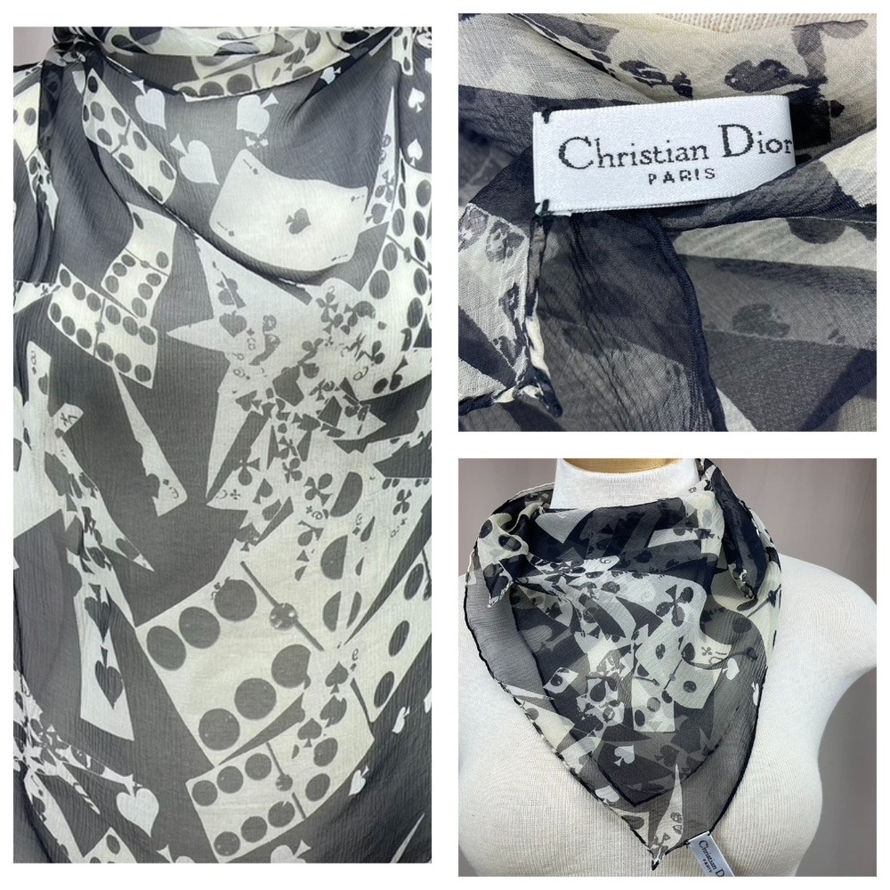 Vintage GALLIANO CHRISTIAN DIOR Silk Scarf Square 27" Sheer Cards Dominos Y2K